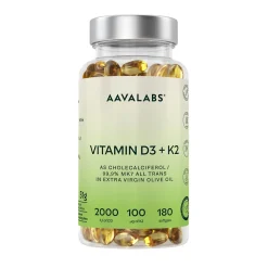 Aavalabs Vitamin D3 K2 2000 IE hochdosiert | Hochdosiert mit Olivenöl | 6-Monats-Vorrat>