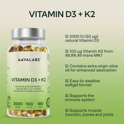 Aavalabs Vitamin D3 K2 2000 IE hochdosiert | Hochdosiert mit Olivenöl | 6-Monats-Vorrat><noscript><img width=