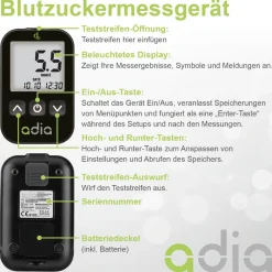 adia Blutzuckermessgerät (mmol/L) + 110 Blutzuckerteststreifen + 110 Lanzetten|diabetikerbedarf Discount