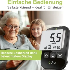 adia Blutzuckermessgerät (mmol/L) + 110 Blutzuckerteststreifen + 110 Lanzetten|diabetikerbedarf Discount