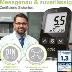 adia Blutzuckermessgerät (mmol/L) + 60 Teststreifen + 110 Lanzetten|diabetikerbedarf Discount
