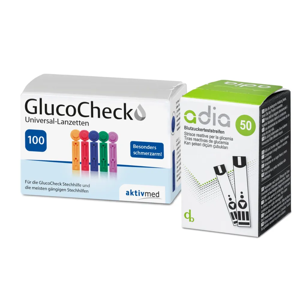 adia Blutzuckerteststreifen, 50 Stück + 100 Universal-Lanzetten|diabetikerbedarf Discount