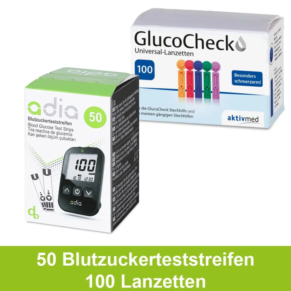 adia Blutzuckerteststreifen, 50 Stück + 100 Universal-Lanzetten|diabetikerbedarf Discount