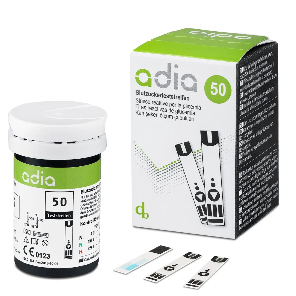 adia Blutzuckerteststreifen, 50 Stück + 100 Universal-Lanzetten|diabetikerbedarf Discount