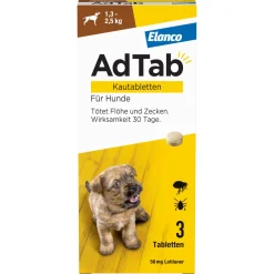 AdTab Kautabletten für Hunde über 1,3 bis 2,5 kg gegen Zecken und Flöhe, schnelle Abtötung von Parasiten für die Dauer von einem Monat> Hot