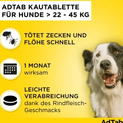 AdTab Kautabletten für Hunde über 22 bis 45 kg gegen Zecken und Flöhe, schnelle Abtötung von Parasiten für die Dauer von einem Monat| Clearance