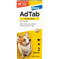 AdTab Kautabletten für Hunde über 5,5 bis 11 kg gegen Zecken und Flöhe, schnelle Abtötung von Parasiten für die Dauer von einem Monat> New