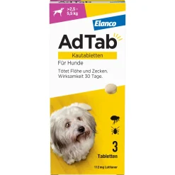 AdTab Kautabletten für Hunde über 2,5 bis 5,5 kg gegen Zecken und Flöhe, schnelle Abtötung von Parasiten für die Dauer von einem Monat> New