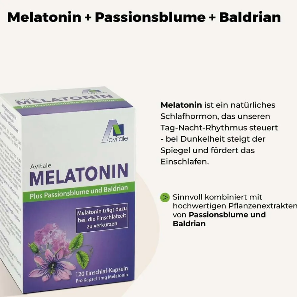 Melatonin 1 mg plus Passionsblume und Baldrian Einschlaf-Kapseln>Avitale Hot