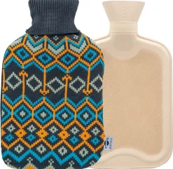 ® Wärmflasche mit Bezug – blau-gelb | einseitig Diamant | Strick (33 x 20 cm)|axion Hot