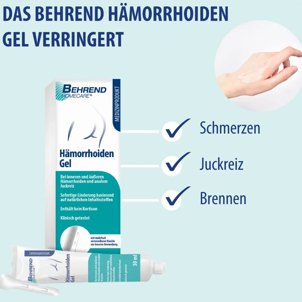 Behrend Hämorrhoiden Gel - bei inneren & äußeren Hämorrhoiden, Analjucken, Analfissuren & Proktitis – Hämorrhoiden Salbe reduziert Schmerzen, Juckreiz & Brennen>