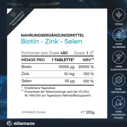 BIOTIN hochdosiert + Zink + Selen, 480 vegane Tabletten><noscript><img width=