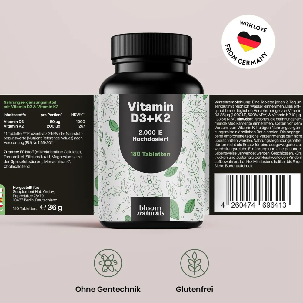 Bloom Naturals Vitamin D3 K2 Tabletten 2000 IE> New
