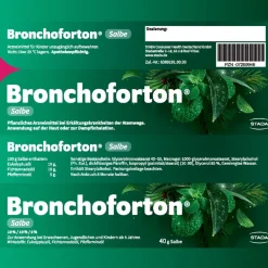 Bronchoforton® Salbe – Erkältungssalbe mit rein pflanzlichen Wirkstoffen. Löst zähen Schleim, erleichtert das Abhusten; mit Eukalyptus-, Fichtennadel- und Pfefferminzöl><noscript><img width=