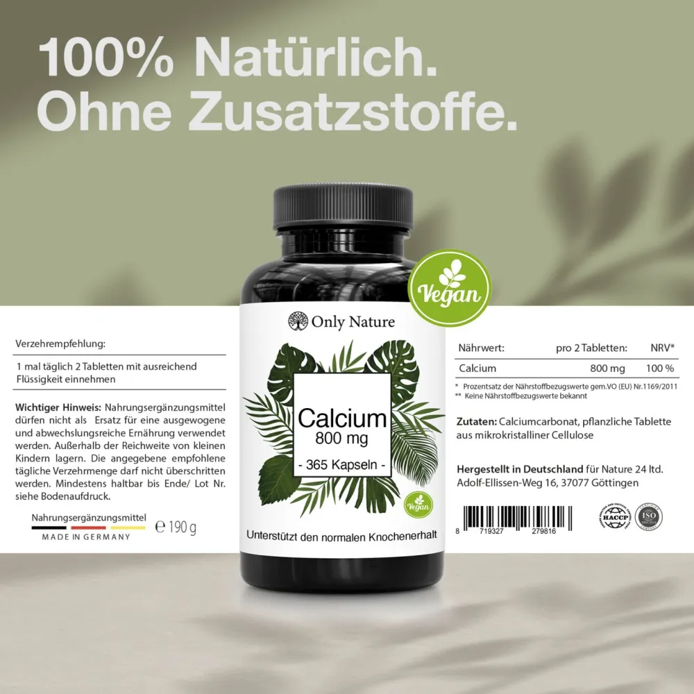 Calcium Tabletten (365 Stück) mit 800 mg pro Tagesdosis - 100% Vegan & ohne Zusätze - Kalzium> Hot