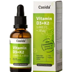 Vitamin D3 K2 Tropfen hochdosiert & vegan - 100% pflanzlich (ohne tierisches Lanolin) – 1000 I.E. Vitamin D + Vitamin K 20 µg>Casida Best