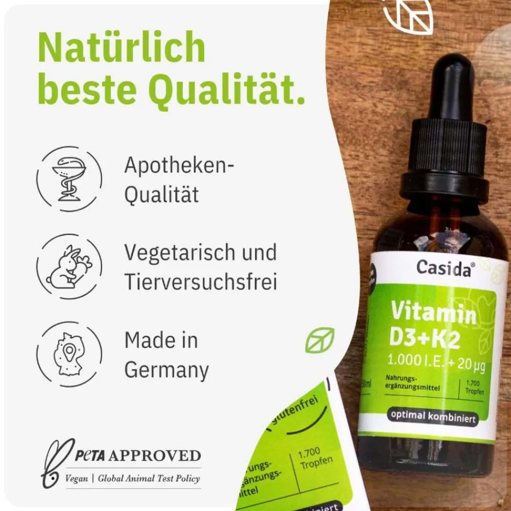 Vitamin D3 K2 Tropfen hochdosiert & vegan - 100% pflanzlich (ohne tierisches Lanolin) – 1000 I.E. Vitamin D + Vitamin K 20 µg>Casida Best