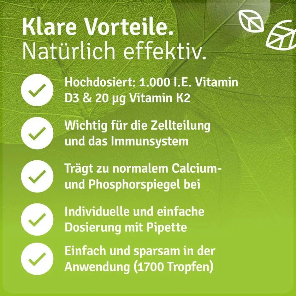 Vitamin D3 K2 Tropfen hochdosiert & vegan - 100% pflanzlich (ohne tierisches Lanolin) – 1000 I.E. Vitamin D + Vitamin K 20 µg>Casida Best