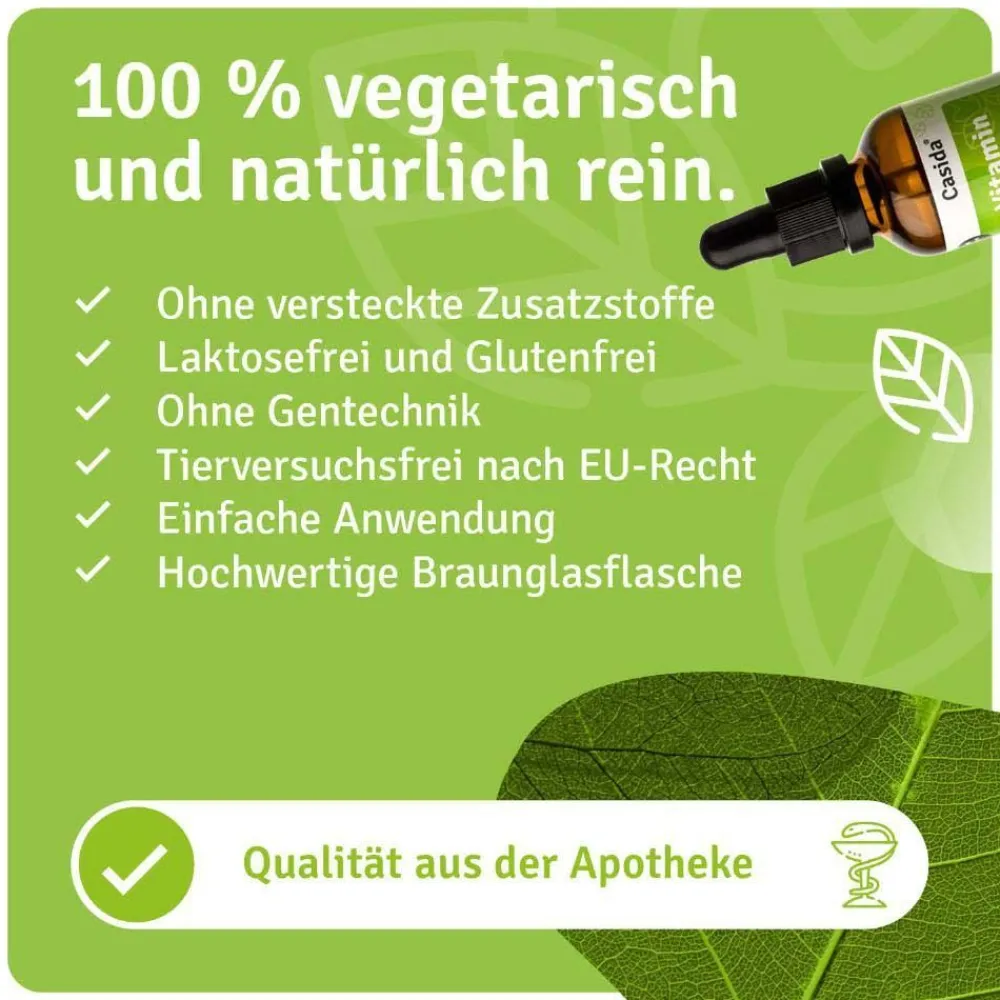 Vitamin D3 K2 Tropfen hochdosiert & vegan - 100% pflanzlich (ohne tierisches Lanolin) – 1000 I.E. Vitamin D + Vitamin K 20 µg>Casida Best