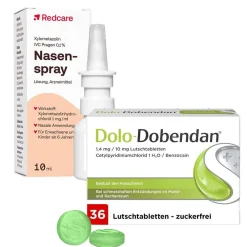 Dolo-Dobendan® Halstabletten zuckerfrei mit betäubender Wirkung - bei Halsschmerzen + Redcare Xylo 0,1 % Nasenspray| Hot