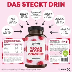 Eisen hochdosiert (180 Kapseln) Vitamin A, Vitamin B2 und B12, Folsäure, Vitamin, gegen Eisenmangel>YesVegan