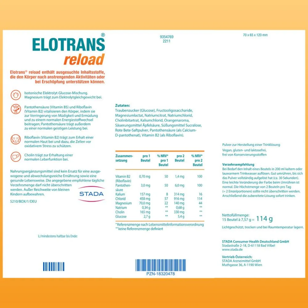 Elotrans® reload – Veganes Trinkpulver – nach anstrengenden Aktivitäten oder bei Erschöpfung, Isotonische Elektrolyt-Glucose-Mischung> Clearance