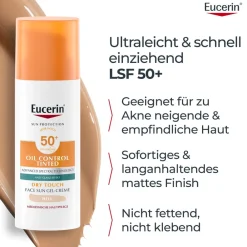 ® Oil Control Tinted Face Sun Gel-Creme mit LSF 50+ – getönter Sonnenschutz für fettige und unreine Haut – Hell - Jetzt 20 % mit dem Code 20 sparen|Eucerin Hot