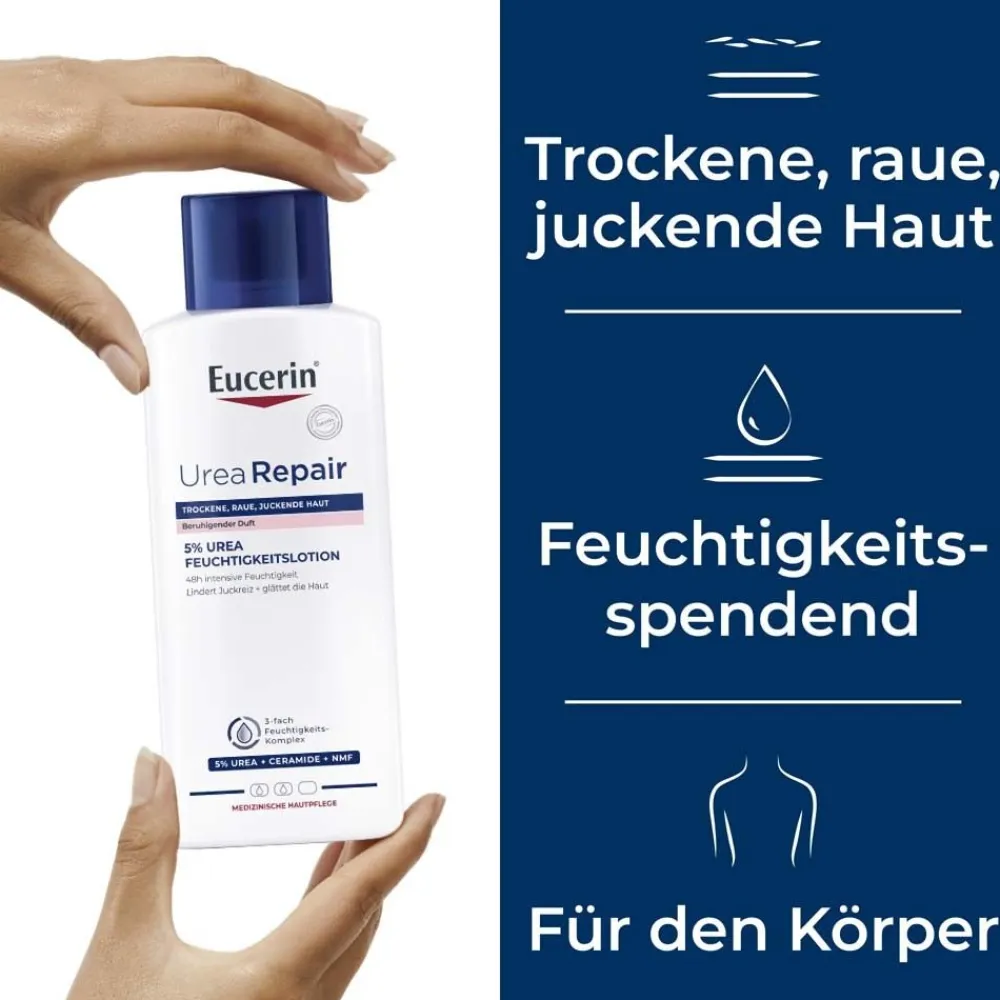 ® UreaRepair 5% Urea Feuchtigkeitslotion mit beruhigendem Duft – für raue, gespannte und sehr trockene Haut - Jetzt 20 % mit dem Code 20 sparen>Eucerin New