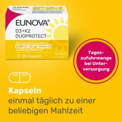 ® D3 + K2 DuoProtect – 2.000 I.E.  Nahrungsergänzungsmittel mit Vitamin D und K zur normalen Funktion des Immunsystems & Erhaltung normaler Knochen|Eunova Hot