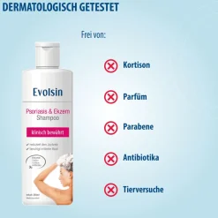Evolsin® Ekzem & Psoriasis Shampoo bei Schuppenflechte, Ekzemen & Neurodermitis auf Kopfhaut & Körper I OHNE KORTISON I Medizinprodukt I Bei Neurodermitis & Schuppenflechte Kopfhaut|