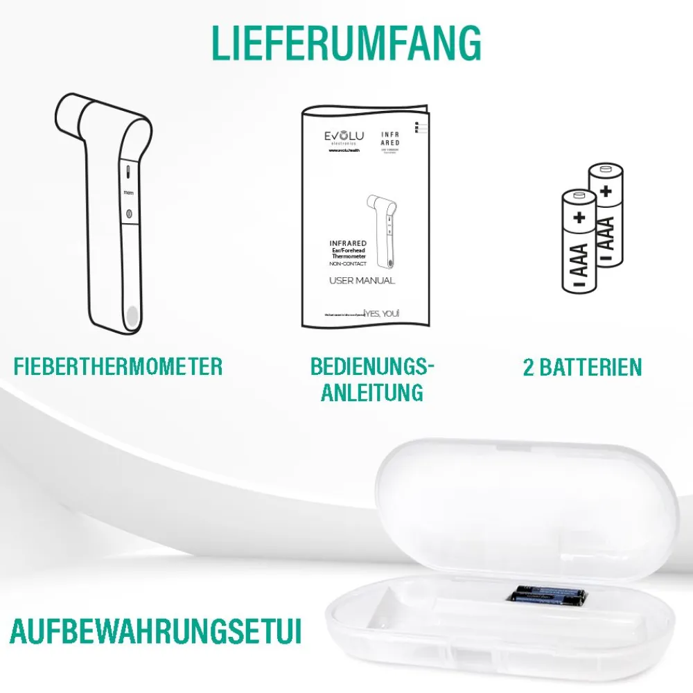 EVOLU INFRARED präzises Infrarot Fieber-Thermometer kontaktlos, 3 in 1 für Stirn, Ohr und Umgebung>