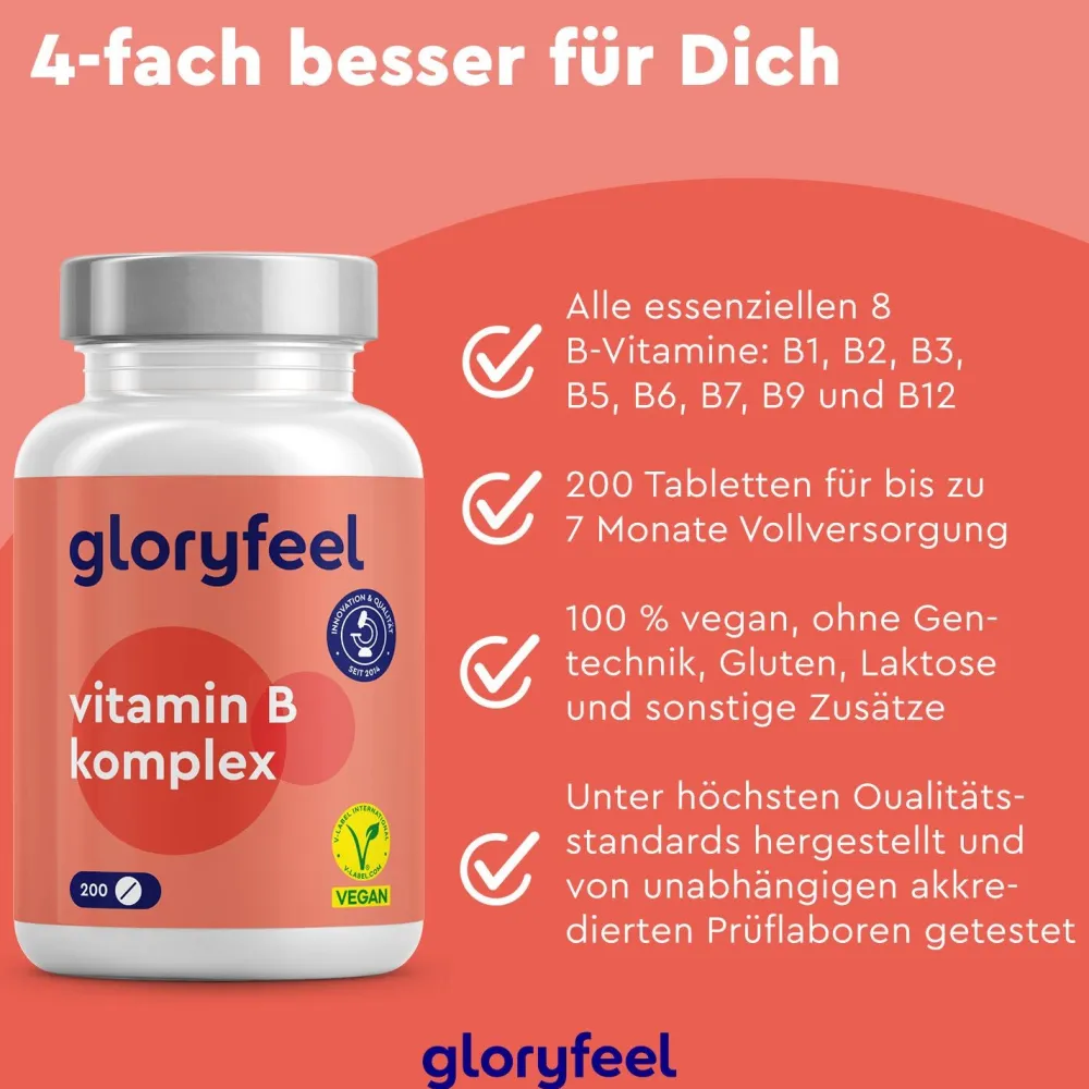 ® Vitamin B Komplex - 200 Kapseln - 500µg B12 + höchst bioaktiv|gloryfeel