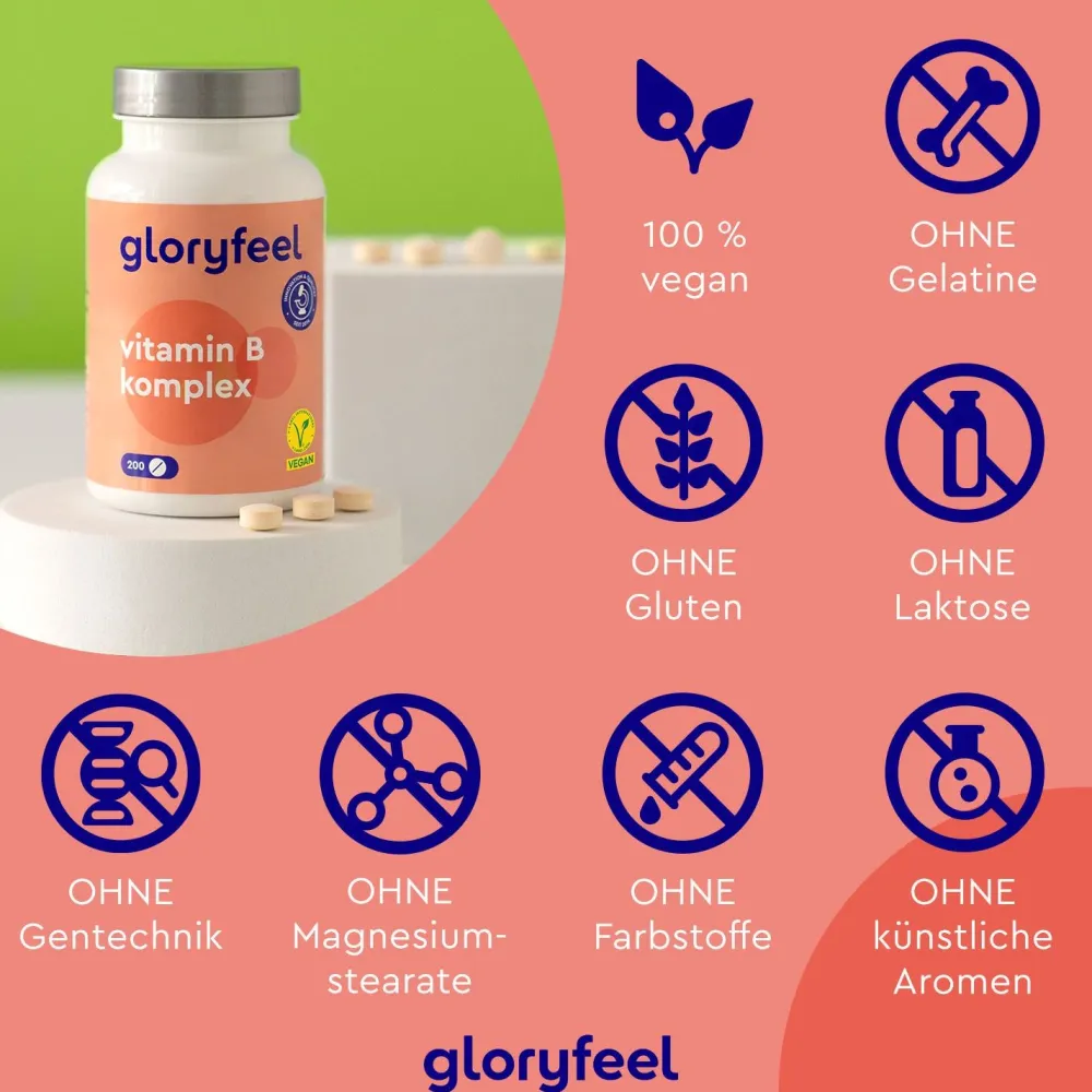 ® Vitamin B Komplex - 200 Kapseln - 500µg B12 + höchst bioaktiv|gloryfeel