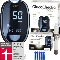 GOLD Blutzuckermessgerät (mmol/L) + 60 Teststreifen>GlucoCheck