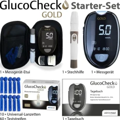 GOLD Blutzuckermessgerät (mmol/L) + 60 Teststreifen>GlucoCheck