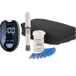 GOLD Messgerät (mmol/L) + 110 Teststreifen|GlucoCheck Discount