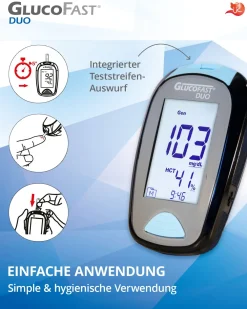 Glucofast® Duo Blutzuckermessgerät Starterset inkl. Teststreifen und Lanzetten  (mg/dL)| Online