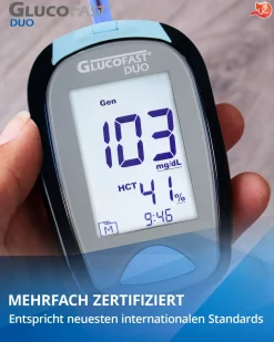 Glucofast® Duo Blutzuckermessgerät Starterset inkl. Teststreifen und Lanzetten  (mg/dL)| Online