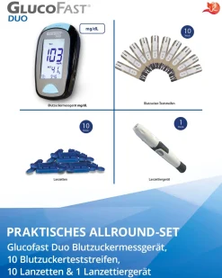 Glucofast® Duo Blutzuckermessgerät Starterset inkl. Teststreifen und Lanzetten  (mg/dL)| Online