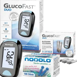 Glucofast® Duo Blutzuckermessgerät Kombiset mit mit Teststreifen und Lanzetten  (mg/dL)>
