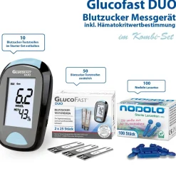 Glucofast® Duo Blutzuckermessgerät Kombiset mit mit Teststreifen und Lanzetten  (mg/dL)>