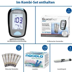 Glucofast® Duo Blutzuckermessgerät Kombiset mit mit Teststreifen und Lanzetten  (mg/dL)><noscript><img width=