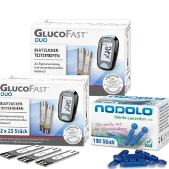 Glucofast Duo 2 x Blutzucker-Teststreifen und Nodolo Lanzetten im Kombiset| Hot