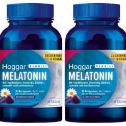 Hoggar® Melatonin Gummies: Angenehm schneller einschlafen. Weichgummis mit Blaubeergeschmack.1 mg Melatonin, Vitamin B6, Baldrian-, Lavendel- und Kamillenextrakt.| Best