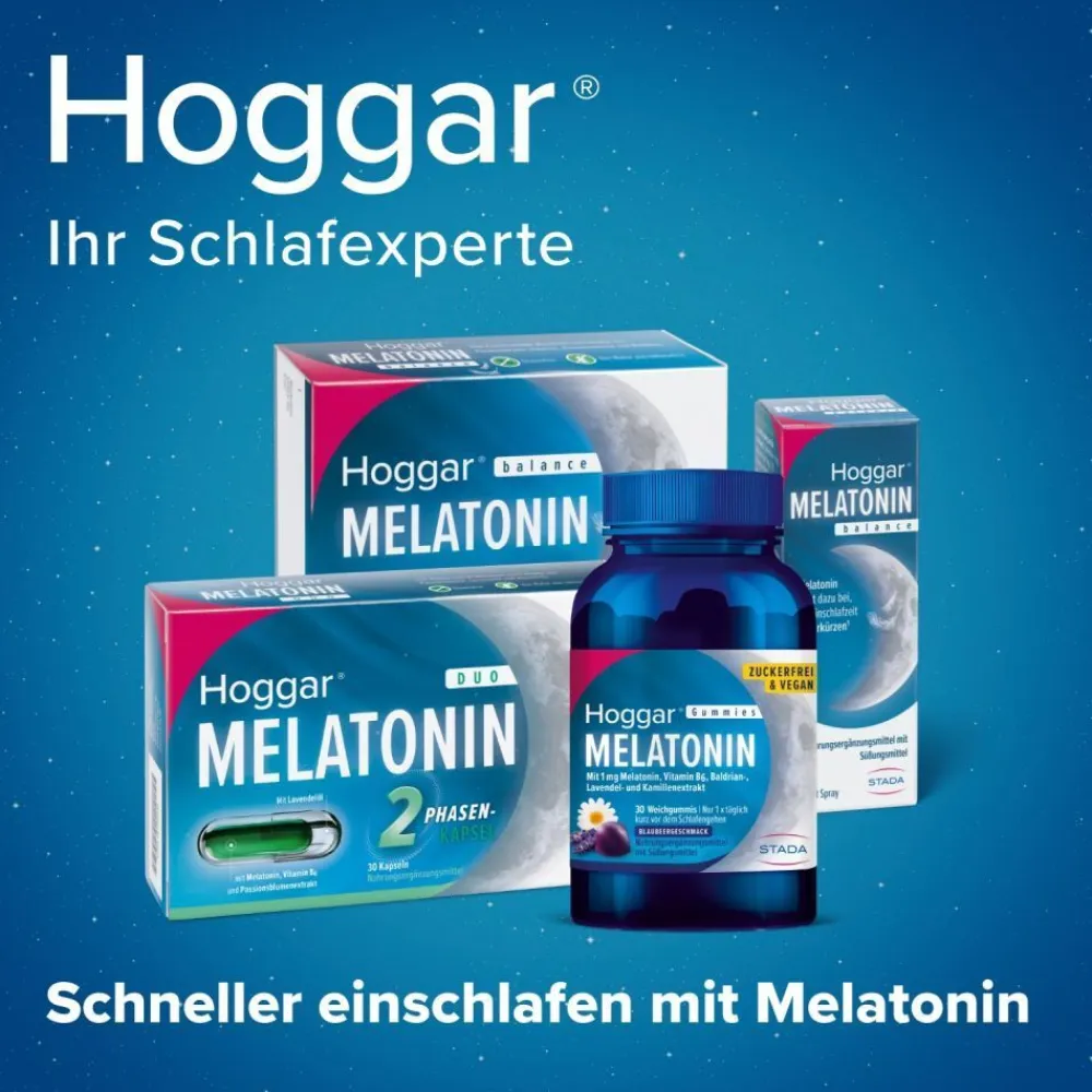 Hoggar® Melatonin Gummies: Angenehm schneller einschlafen. Weichgummis mit Blaubeergeschmack.1 mg Melatonin, Vitamin B6, Baldrian-, Lavendel- und Kamillenextrakt.| Online