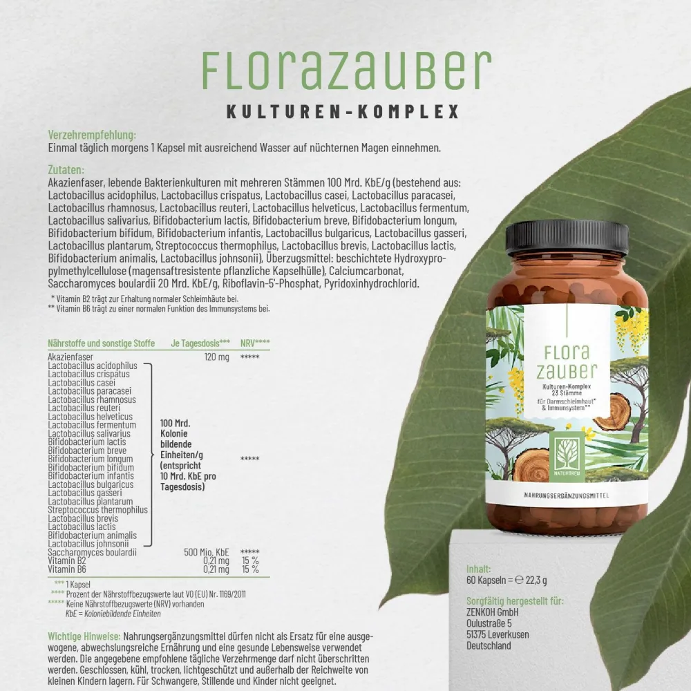 Kulturen Komplex 23 Bakterienstämme 60 vegane Kapseln magensaftresistent Florazauber ®|NATURTREU Clearance
