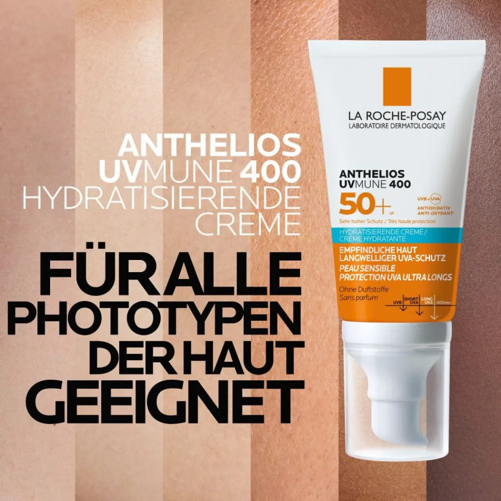 Anthelios Hydratisierende Creme UVMune 400 LSF 50+: Sonnencreme für das Gesicht bei trockener, empfindlicher Haut und Sonnenallergie|La Roche Posay Online