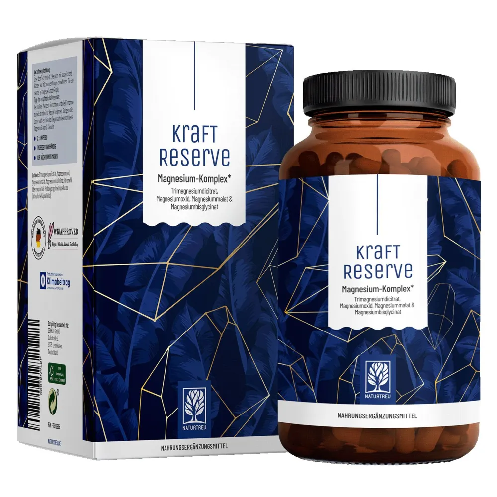 Magnesium Komplex 180 vegane Kapseln hochdosiert 400 mg Bisglycinat Kraftreserve ®>NATURTREU Hot