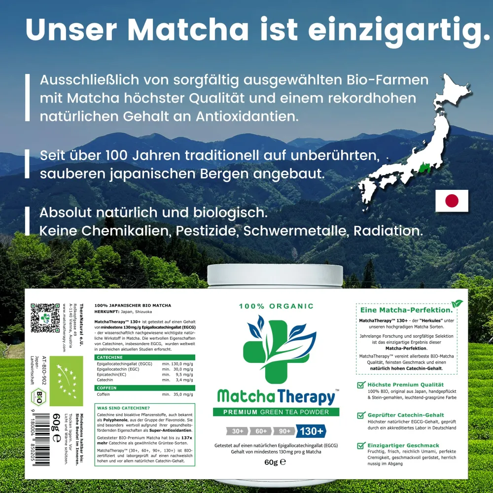 MatchaTherapy 130+ | BIO Matcha Grüntee aus Japan | Laborgeprüft: min. 130mg/g EGCG Antioxidantien| Clearance