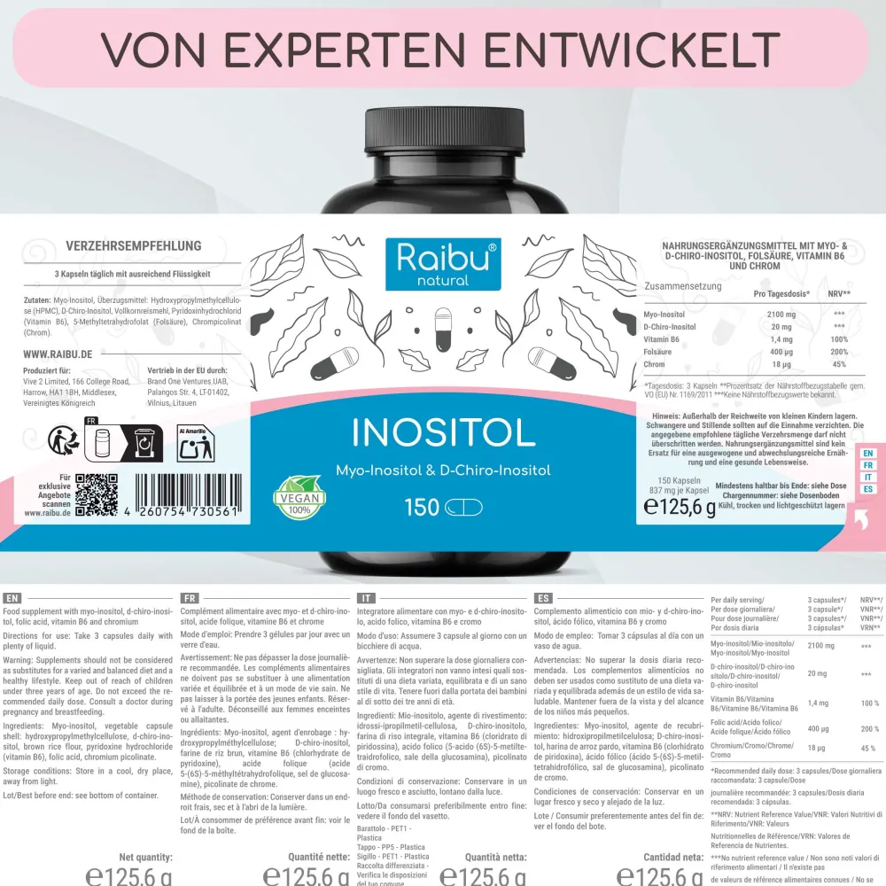 Myo Inositol & D-Chiro Kapseln, Hergestellt in Deutschland, 150 St -|Raibu Outlet